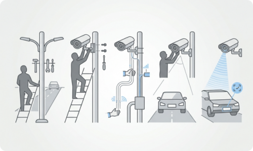 Монтаж IP камеры системы рапознования автомобильных номеров (уличн. работы h до 3м)